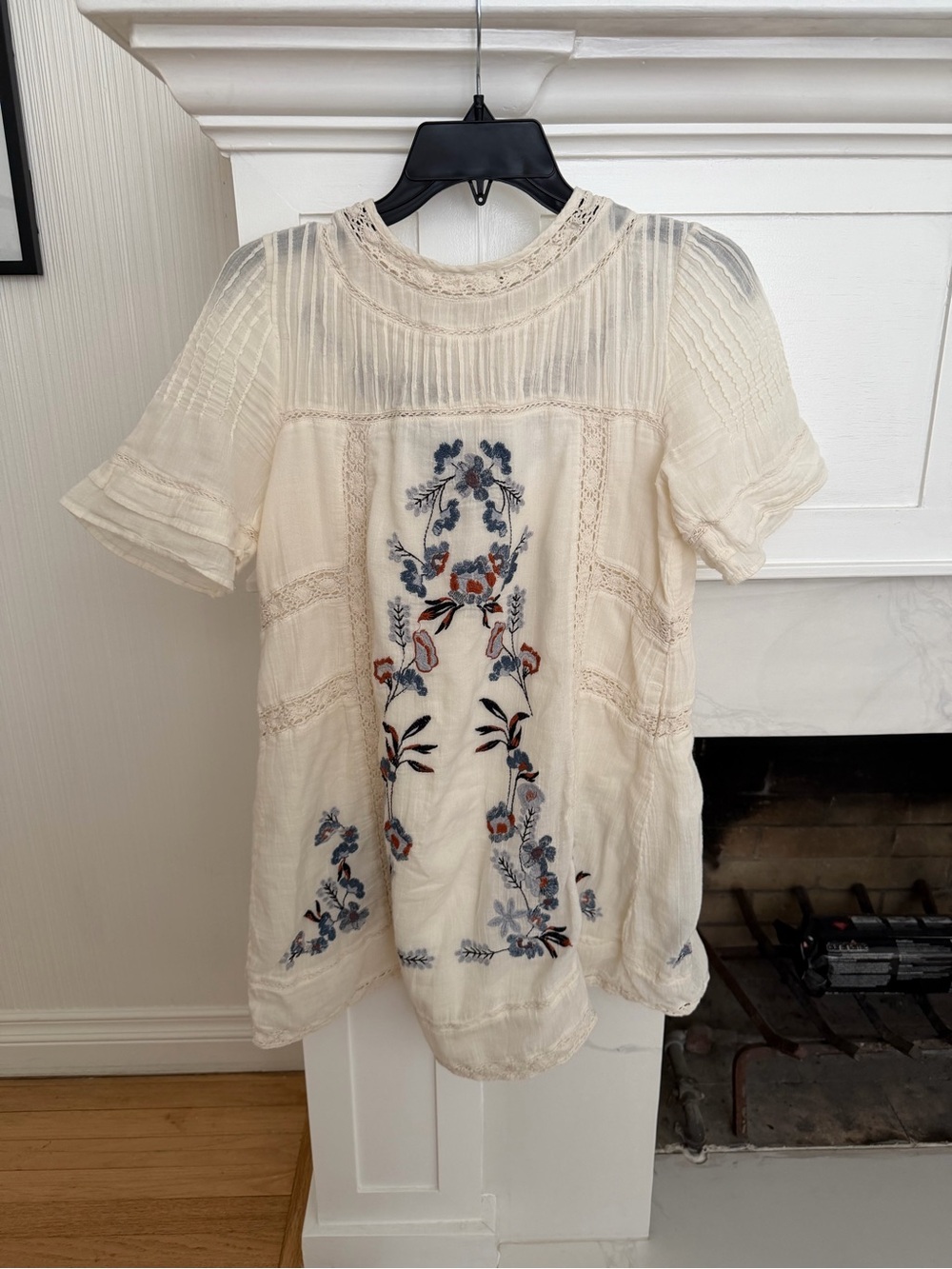 Free People Cream Embroidered Mini Dress with Blue & Rust Floral Detail